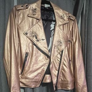 DISNEY Sleeping Beauty 60th Anniversary Maleficent Rose Gold Biker Jacket M NWT